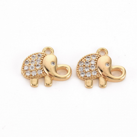 Charm, Pandant, Conector - Charm elefant din alama placata cu aur de 18K, cristale Cubic Zirconia, 11X12.5 mm