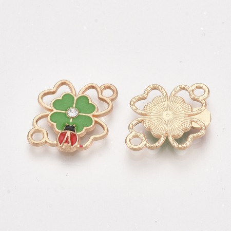 Charm, Pandant, Conector - Conector ghiocel cu buburuza, conector emailat, alb, rosu, martisor  24X11 mm - 1 bucata