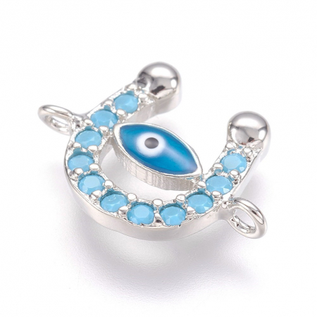 Charm, Pandant, Conector - Conector potcoava din alama placata cu platina, cristale Cubic Zirconia si ochi protector, 11X15 mm, 1 buc