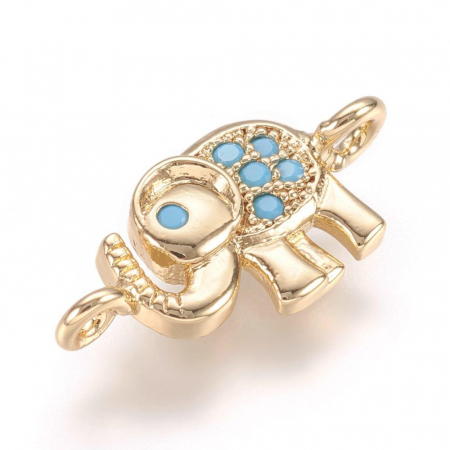 Charm, Pandant, Conector - Conector elefant din alama placata cu aur de 18K, cristale Cubic Zirconia, 7X15 mm