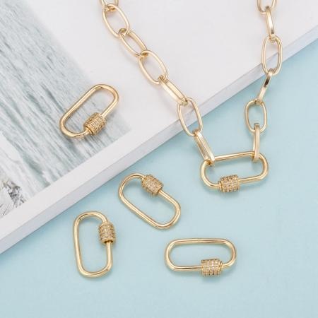 Charm carabină ovală din alamă, cu cristale Cubic Zirconia și închidere tip șurub, auriu – 1 bucată [2]