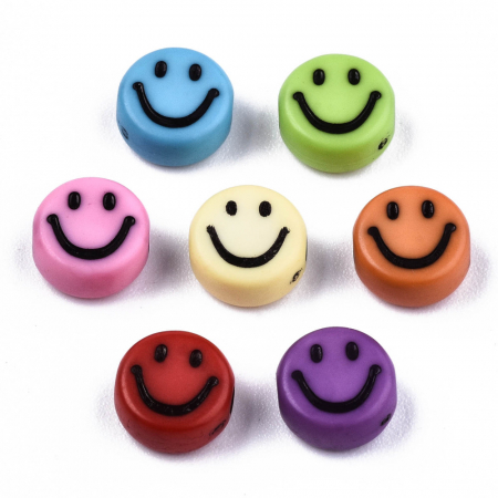 Margele acrilice - Margele acrilice cu smiley face, cu emoticon albastru, rotund plan 7X3.5 mm, gaura de 1.5 mm, 1 bucata