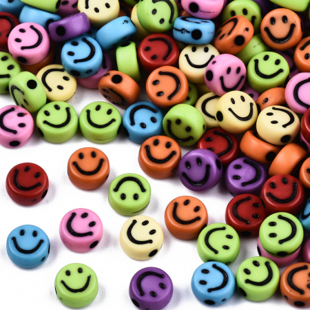 Margele acrilice cu smiley face, cu emoticon albastru, rotund plan 7X3.5 mm, gaura de 1.5 mm, 1 bucata [1]