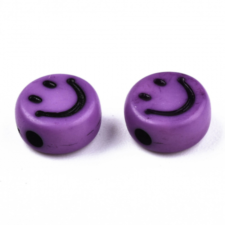 Margele acrilice - Margele acrilice cu smiley face, cu emoticon mov, rotund plan 7X3.5 mm, gaura de 1.5 mm, 1 bucata