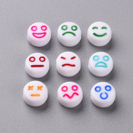 Margele acrilice cu emoticon cu diverse expresii (smiley, sad, angry) rotund plan 7x4 mm, gaura de 1.6 mm, 50 bucati [1]