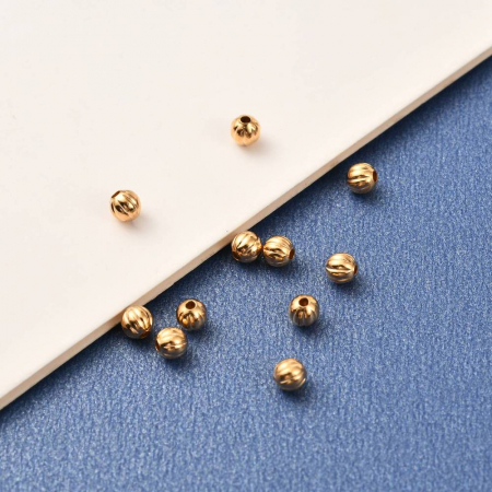 Margele metalice din alama placata cu aur de 18K rotunde, cu striatii,  3 mm - 1 bucata [2]