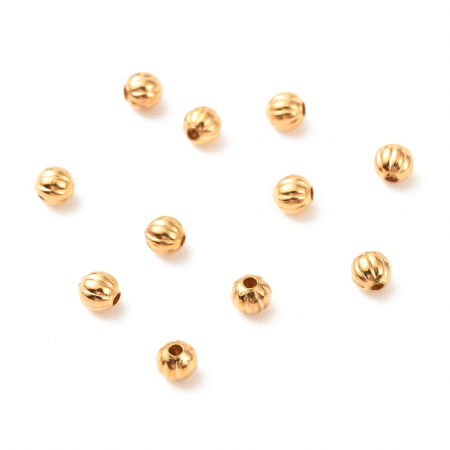 Margele metalice - Margele metalice din alama placata cu aur de 18K rotunde, cu striatii,  3 mm - 1 bucata