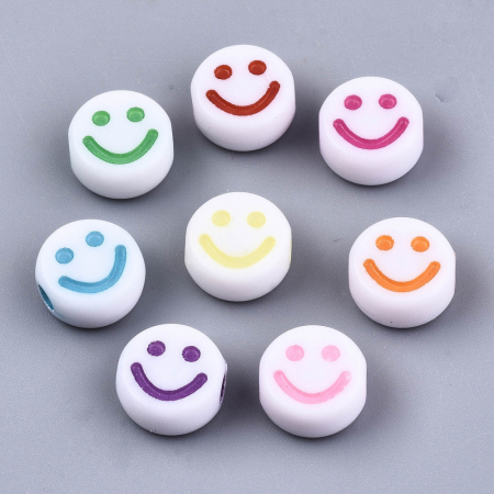Margele acrilice - Margele acrilice cu smiley face, cu emoticon rosu, rotund plan 10X5 mm, gaura de 2 mm, 1 bucata