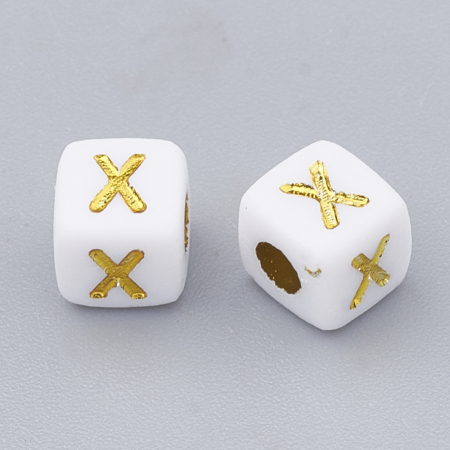 Margele cu alfabet, margele acrilice albe, cu literele alfabetului aurii, cub, 4,5X4,5 mm, 100 bucati [1]
