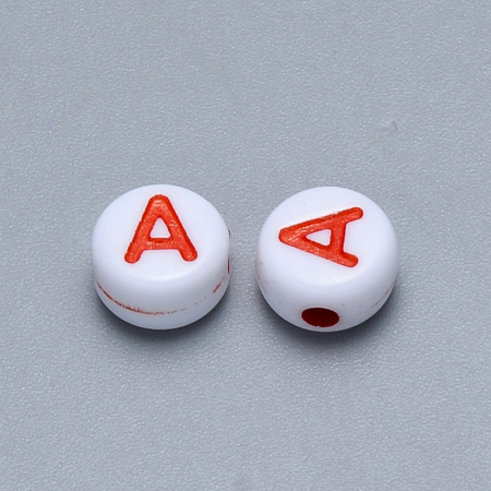 Margele cu alfabet, margele acrilice albe, cu litera A colorata, rotund plan 6X3.5 mm, 100 bucati [1]