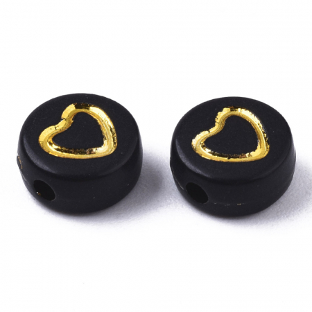 Margele cu alfabet, margele acrilice negre, cu inimioara aurie, rotund plan 7X4 mm 50 bucati [2]