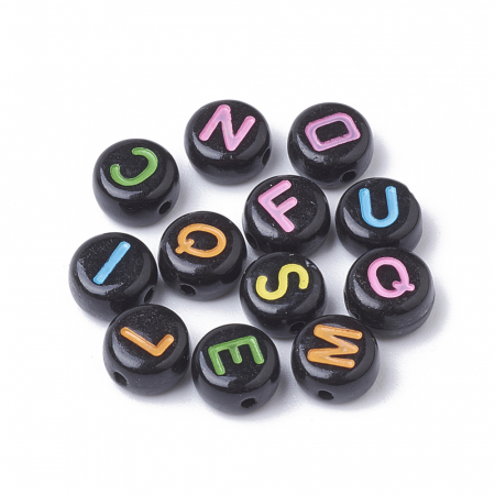 Margele acrilice - Margele cu alfabet, margele acrilice negre, cu literele alfabetului multicolore, rotund plan 7X4 mm 100 bucati