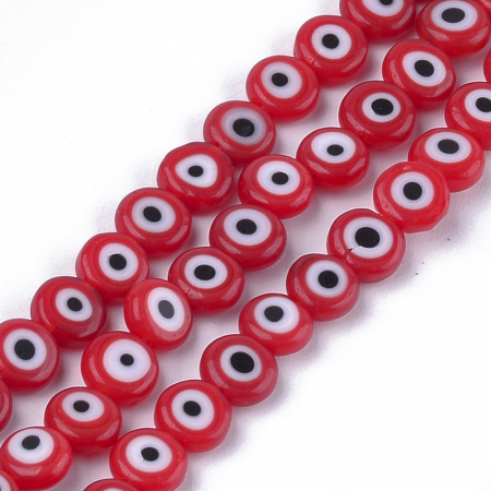 Lampwork - Margele de sticla lampwork evil eye, rotund plan, culoare rosie, 6X2.5 mm, 1 bucata