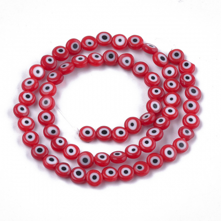 Margele de sticla lampwork evil eye, rotund plan, culoare rosie, 6X2.5 mm, 1 bucata [1]