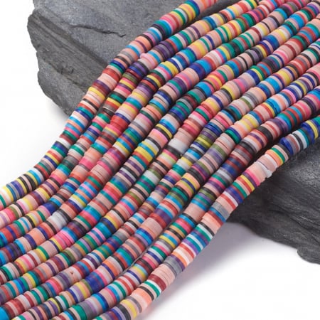 Lut polimeric - Margele din lut polimeric, handmade, disc, heishi, 6X1 mm, multicolor cu nuante inchise, 1 sir