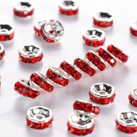 Margele metalice - Margele metal din alama placata cu argint, rhinestone spacer cristale rosii, 4X2 mm, gaura de 0.8 mm, 1 bucata