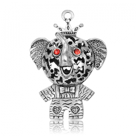 Charm, Pandant, Conector - Pandant elefant argintiu antichizat, cu rhinestones 52X36 mm, 1 bucata