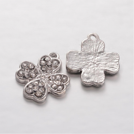 Charm, Pandant, Conector - Pandant charm trifoi argintiu cu rhinestones transparente, 18X15,5 mm, 1 bucata