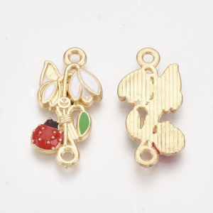 Charm, Pandant, Conector - Conector ghiocel cu buburuza, conector emailat, alb, rosu, martisor  24X11 mm - 1 bucata