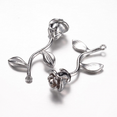 Charm, Pandant, Conector - Pandant, charm trandafir cu frunze, alama placata cu platina, 39X22.5 mm, 1 buc