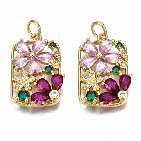 Charm, Pandant, Conector - Pandant cu flori, din alama placata cu aur de 16 K si cristale Cubic Zirconia, 21.5X14 mm, 1 buc