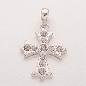 Charm, Pandant, Conector - Pandant Cruce, argintie, cu rhinestones transparente