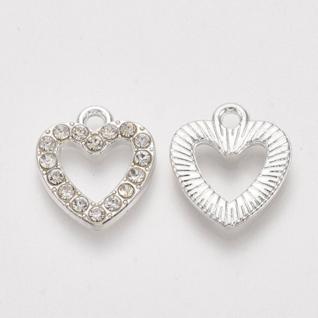 Charm, Pandant, Conector - Pandant charm inimoara argintie cu rhinestones transparente, 14X12,5 mm, 1 bucata