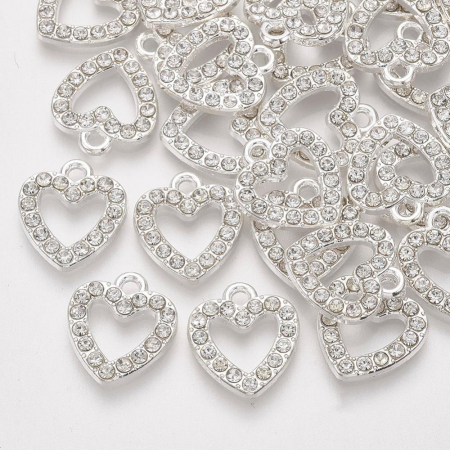 Pandant charm inimoara argintie cu rhinestones transparente, 14X12,5 mm, 1 bucata [1]