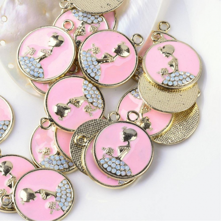 Charm, Pandant, Conector - Pandant emailat, femeie cu rochie din rhinestones