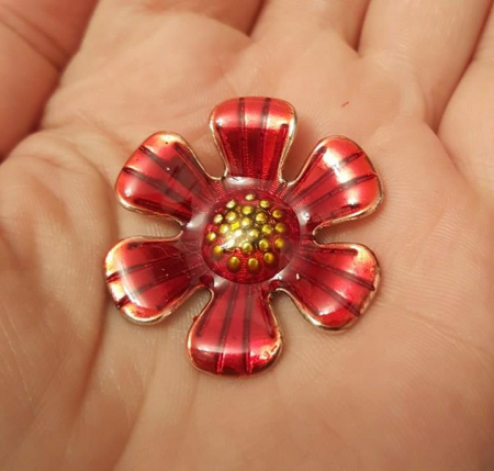 Charm, Pandant, Conector - Pandant emailat, floare rosie- placat cu argint antichizat - 34mm - 1 bucata