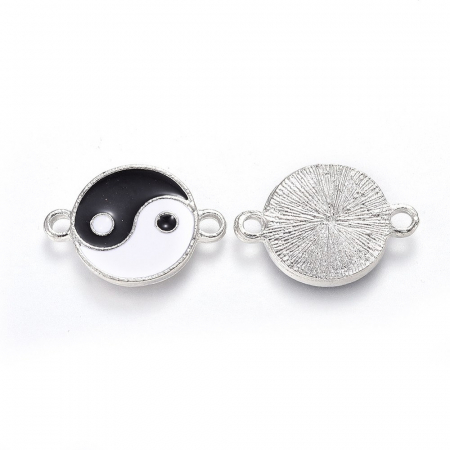 Conector emailat Yin Yang alb si negru, metal argintiu, 26X18 mm, 1 buc [1]