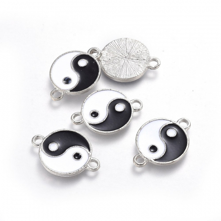 Charm - Conector emailat Yin Yang alb si negru, metal argintiu, 26X18 mm, 1 buc