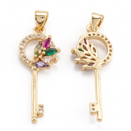 Pandant cheie, din alama placata cu aur de 18 K si cristale Cubic Zirconia, 30X12 mm, 1 buc [1]