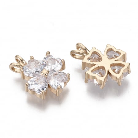 Charm, Pandant, Conector - Pandant trifoi, din alama placata cu aur si cristale Cubic Zirconia, 18.5X13.5 mm, 1 buc