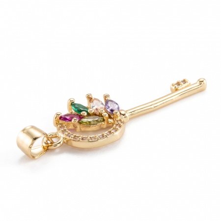 Pandant cheie, din alama placata cu aur de 18 K si cristale Cubic Zirconia, 30X12 mm, 1 buc [2]