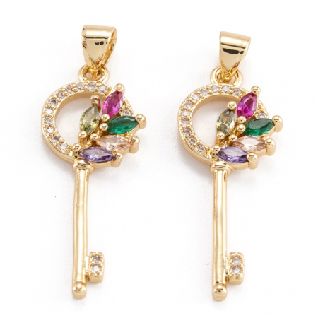 Charm, Pandant, Conector - Pandant cheie, din alama placata cu aur de 18 K si cristale Cubic Zirconia, 30X12 mm, 1 buc