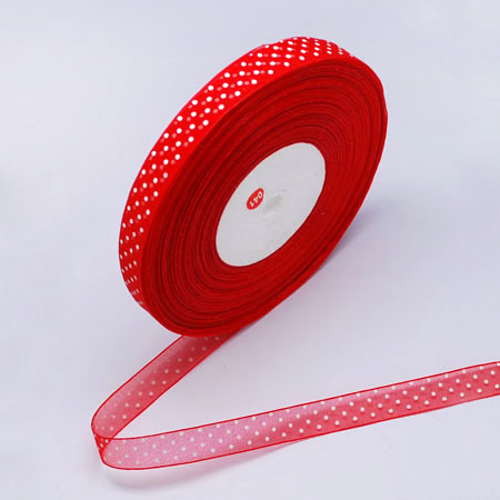 Panglica, elastic - Panglica din organza rosie cu picatele, 14 mm, 1 metru