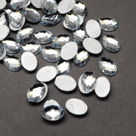Accesorii metalice - Rhinestones acrilic, oval fatetat, caboson fara gaura, transparenta, 10x14X3 mm, 1 buc