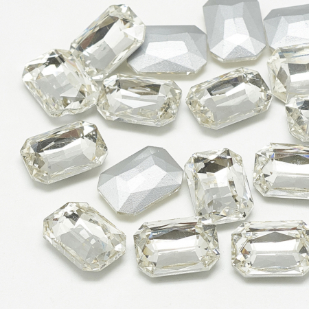 Accesorii metalice - Rhinestones din sticla, dreptunghi fatetat, caboson fara gaura, transparent, 18X13X5 mm, 1 buc