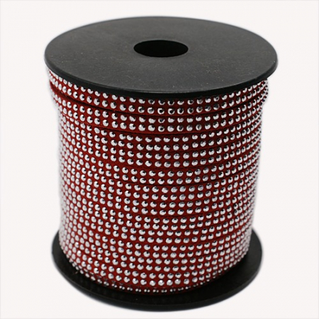Snur suede - Snur faux suede cu studs, imitatie piele intoarsa, rosu inchis, grosime 5X2 mm