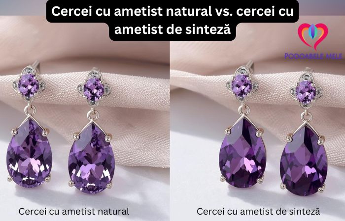 comparatie cercei cu ametist natural vs sinteza