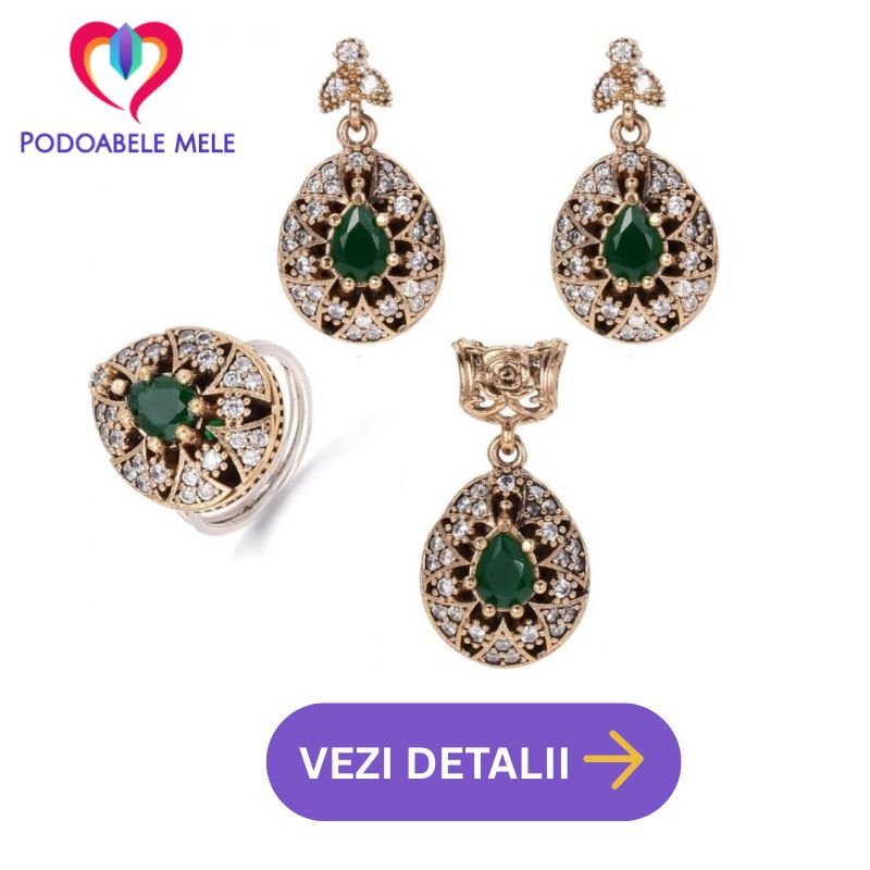 set argint elegant cu pietre verzi