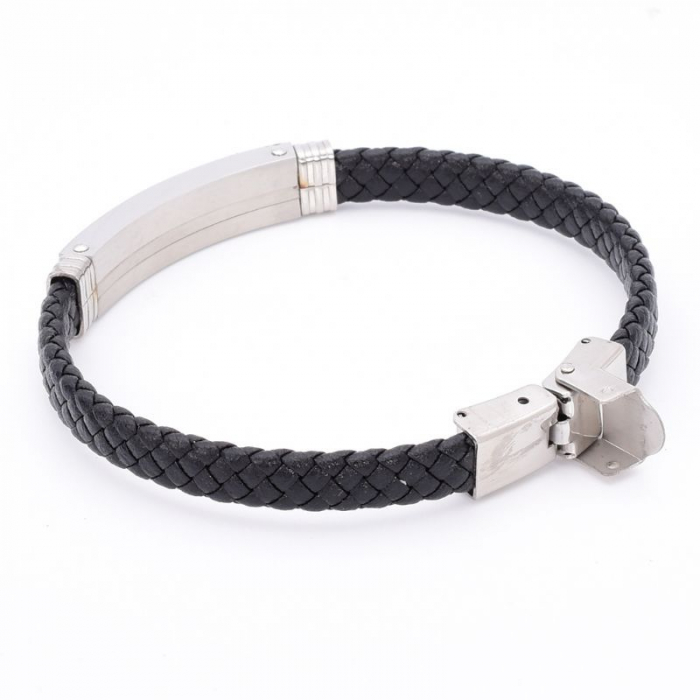 Bratara barbati, piele negru impletit, inox, 21 x 0.75 cm [2]