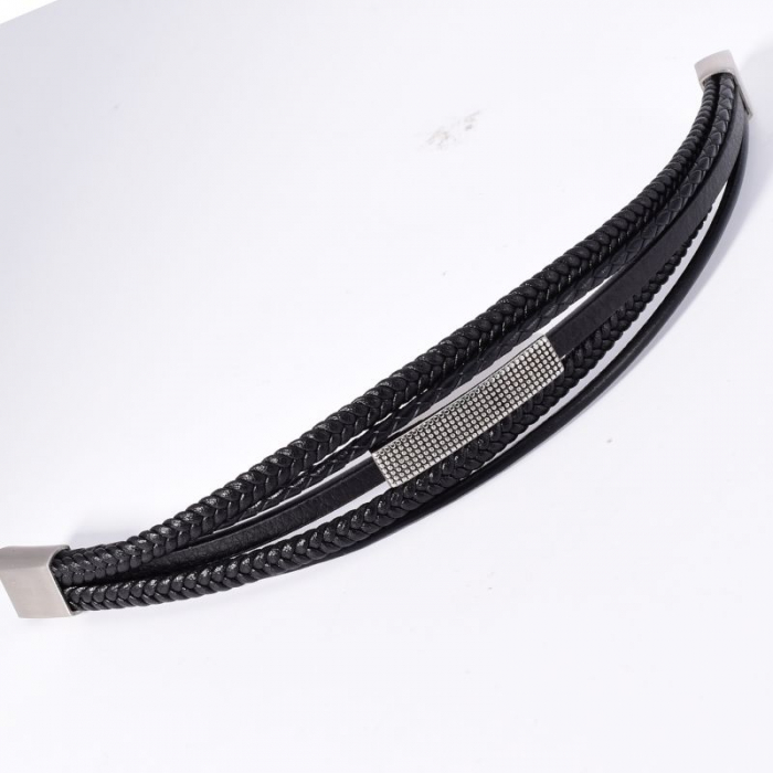 Bratara barbati piele neagra x 5, otel inoxidabil, lungime 21 cm [2]