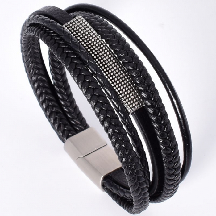 Bratara barbati piele neagra x 5, otel inoxidabil, lungime 21 cm [3]