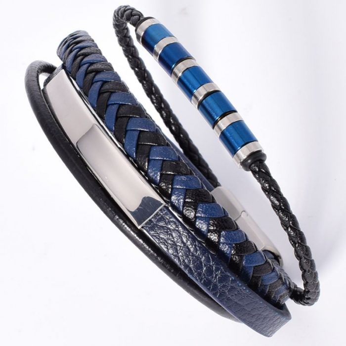 Bratara barbati piele - negru, albastru, otel inoxidabil [4]