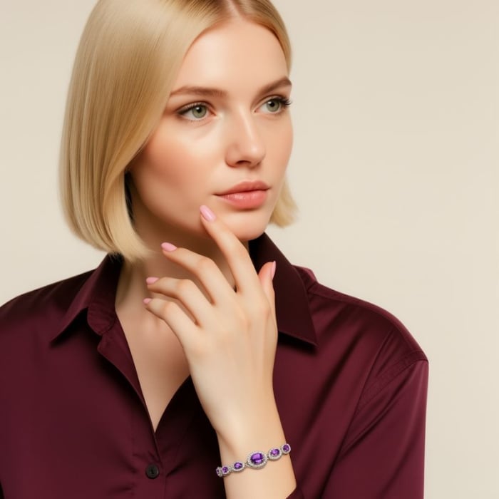 Bratara cu ametist si CZ din argint placat cu rodiu [2]