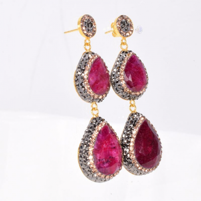 Cercei argint cu 2 x rubin, hematit si CZ, placaj aur [3]