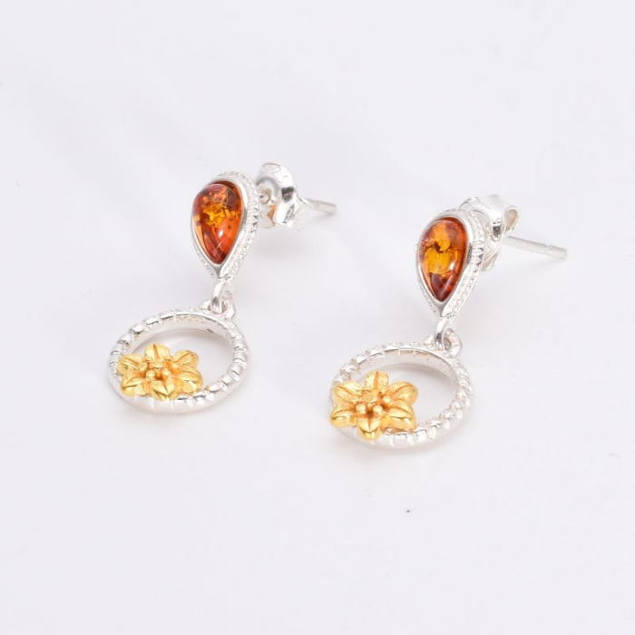 Cercei argint cu chihlimbar, placaj aur, model floral [3]