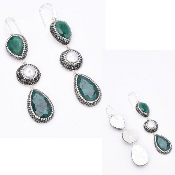 Cercei argint cu tortita 2 x smarald, perle, hematit, CZ [4]